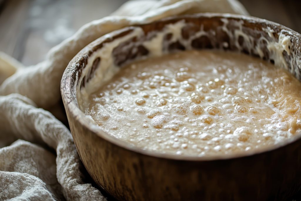 rustikale Holzschüssel, die mit einem blubbernden, hefehaltigen Sauerteigstarter